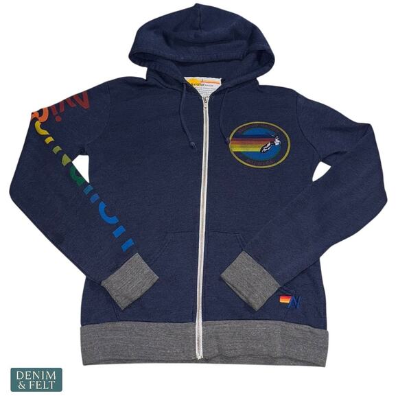 Aviator Nation Tops - Aviator Nation Malibu Rainbow Stripe Zip Hoodie Navy Gray Trim Women’s Small